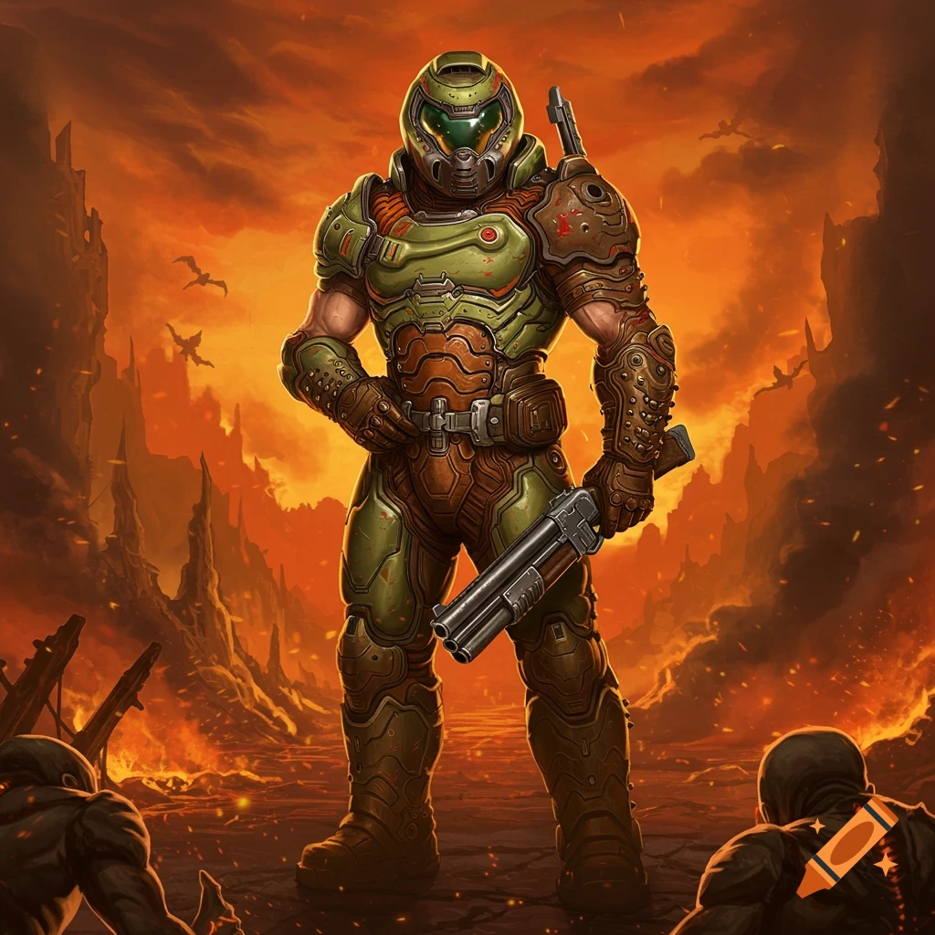 Doom Slayer stands with a shotgun in a hellish, orange landscape.
