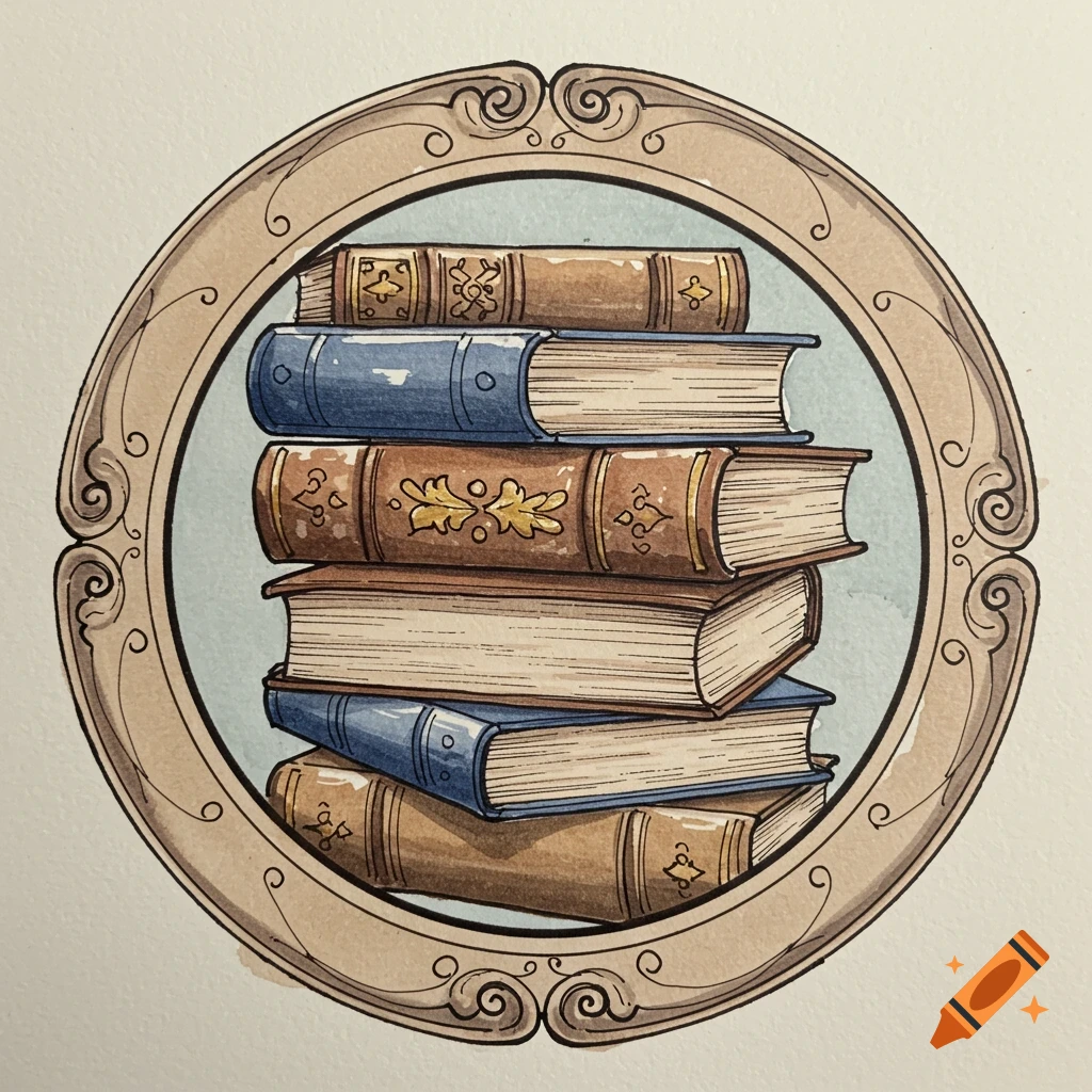 A hand-drawn stack of old books within a decorative circular frame.