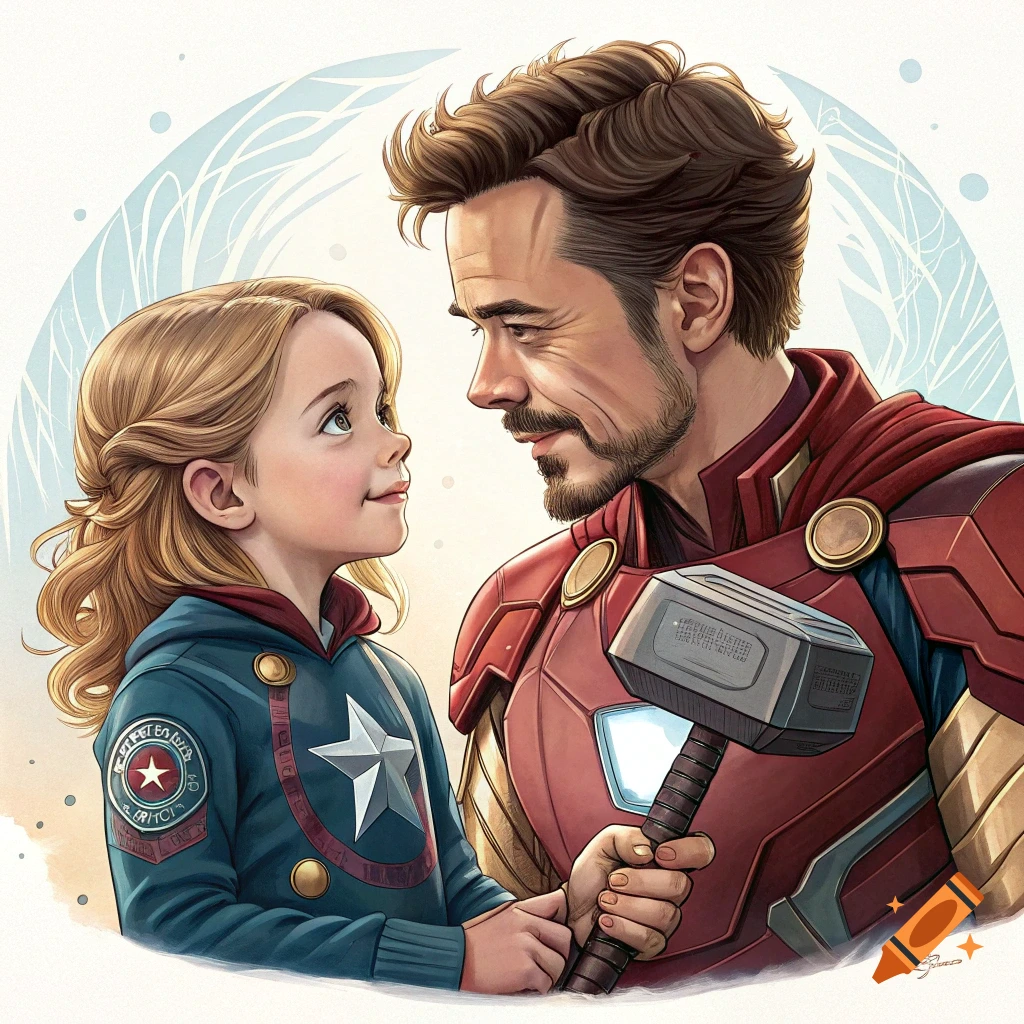 Illustrative portrait of a man resembling Iron Man and a child in a Captain America hoodie, holding a hammer.