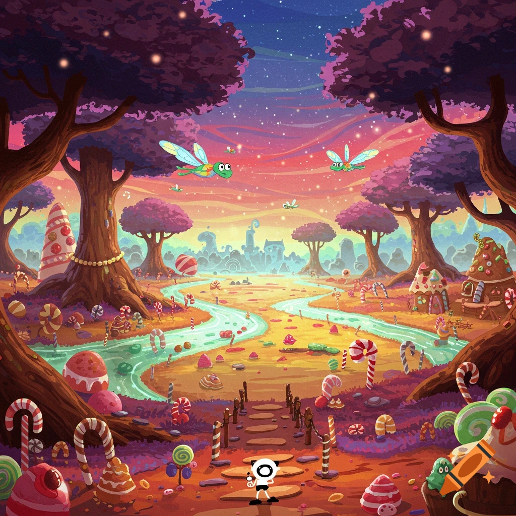 A vibrant cartoon candy land fantasy landscape with candy trees, houses, lollipops, a river, and flying cartoon insects. A small character stands on a path.