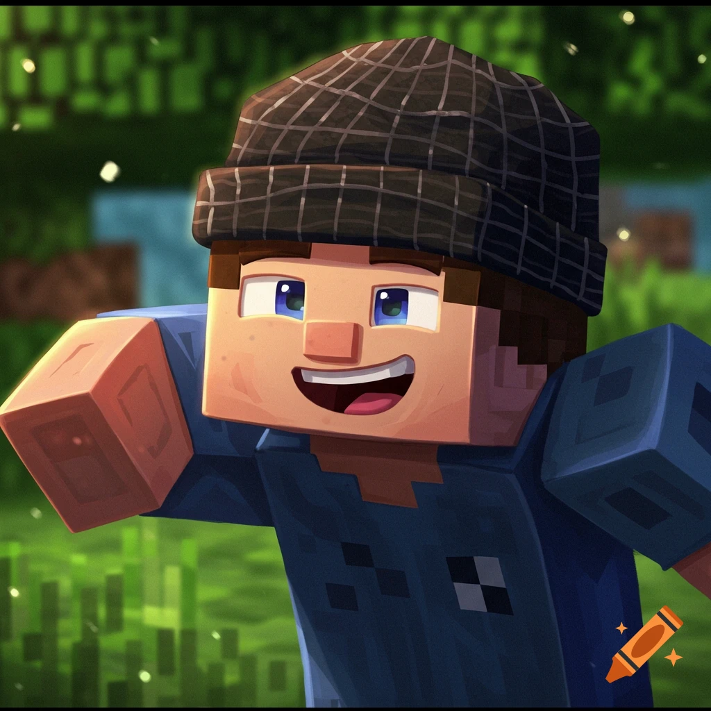 A smiling Minecraft character wearing a beanie and reaching out.