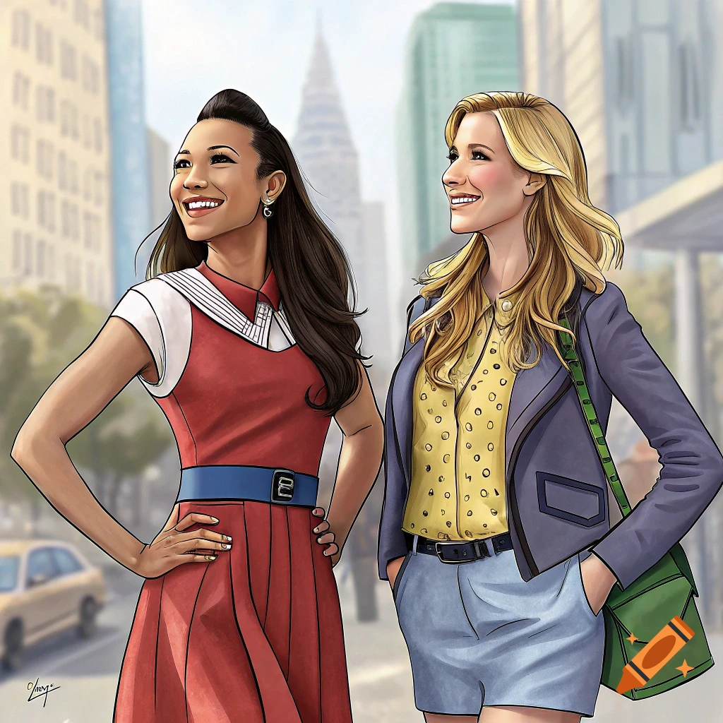 Illustration of two women walking and looking upwards in a city street.