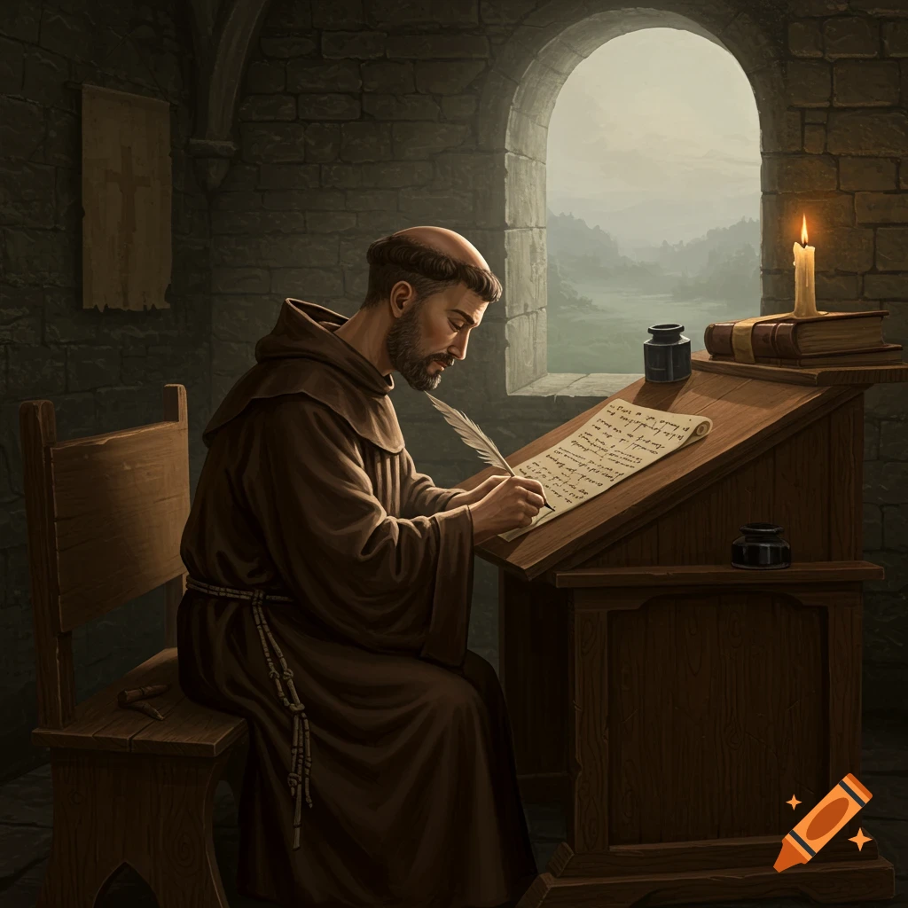 A medieval monk writes at a desk in a stone room.