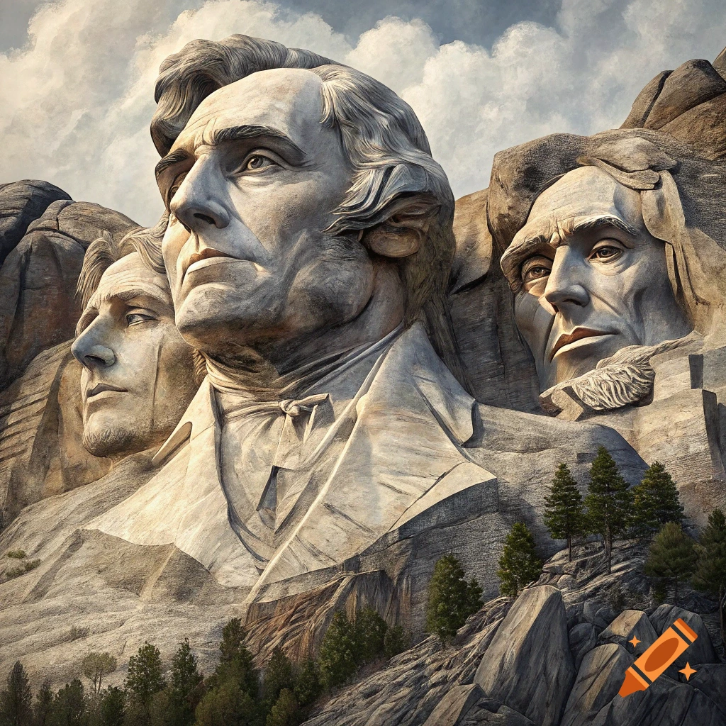 Sculpted faces on a mountainside resembling the Mount Rushmore monument.