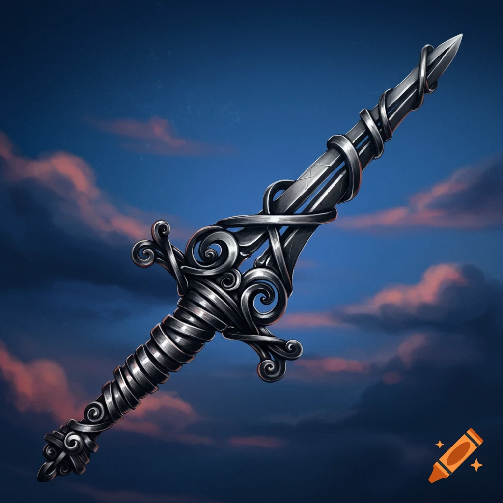 A fantasy sword made of coiled metal against a cloudy sky.