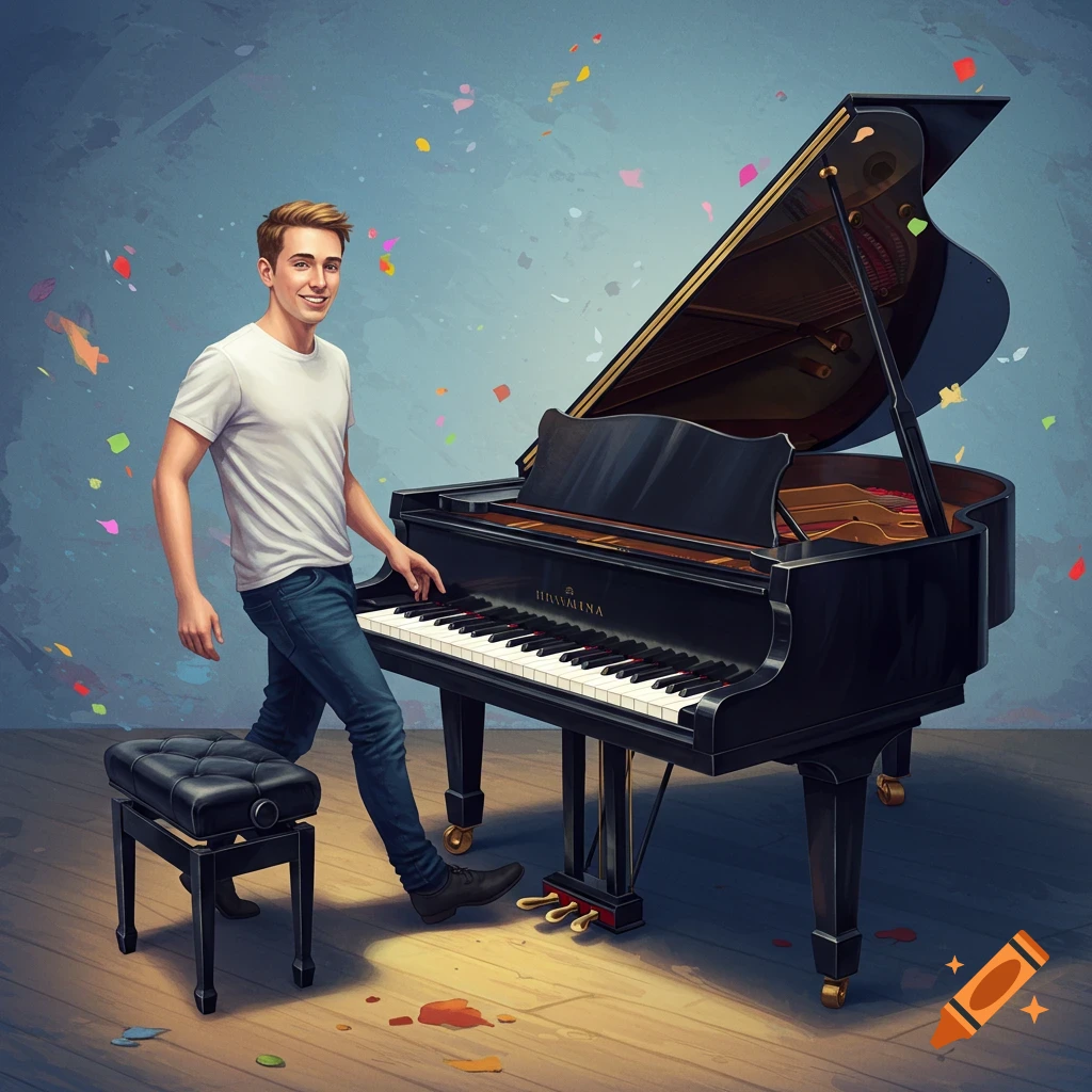 A young man stands next to a grand piano with confetti.