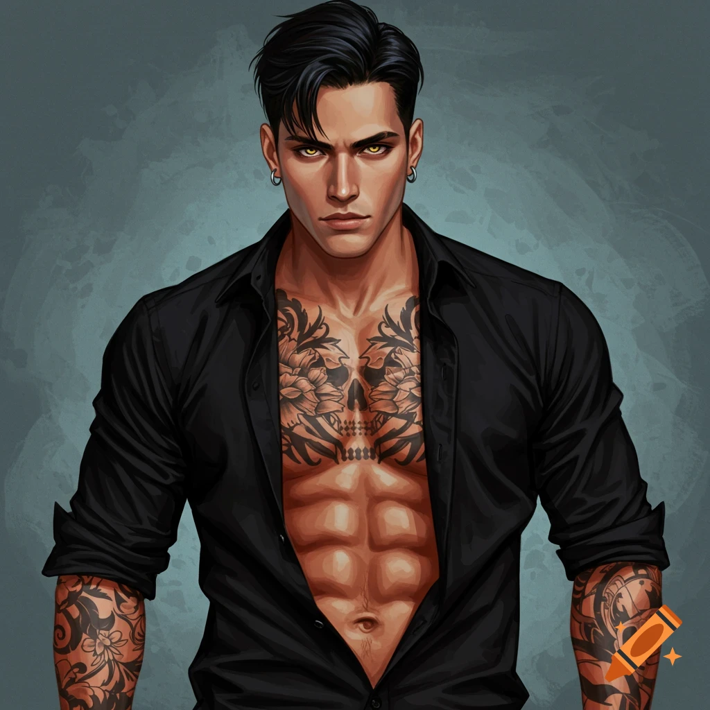 A handsome man with tattoos on his chest and arms, wearing an open black shirt.