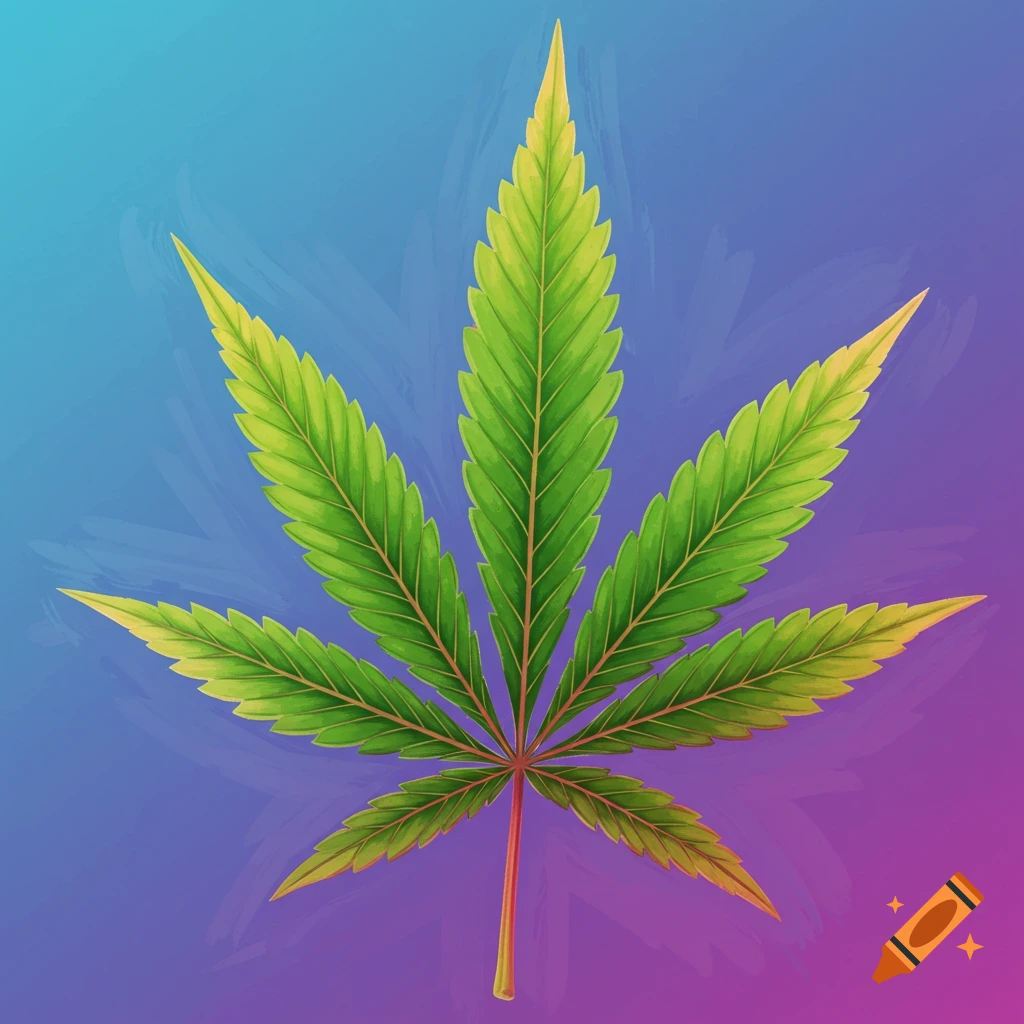 A green cannabis leaf on a blue and purple gradient background.