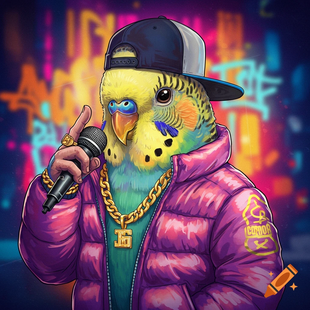 A parakeet dressed as a rapper, wearing a cap, chain, and jacket, holding a microphone against an urban graffiti background.