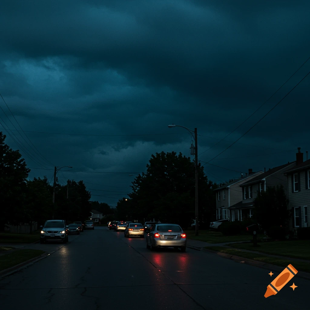 A suburban street at dusk with cars in a traffic jam under a dark, cloudy sky.