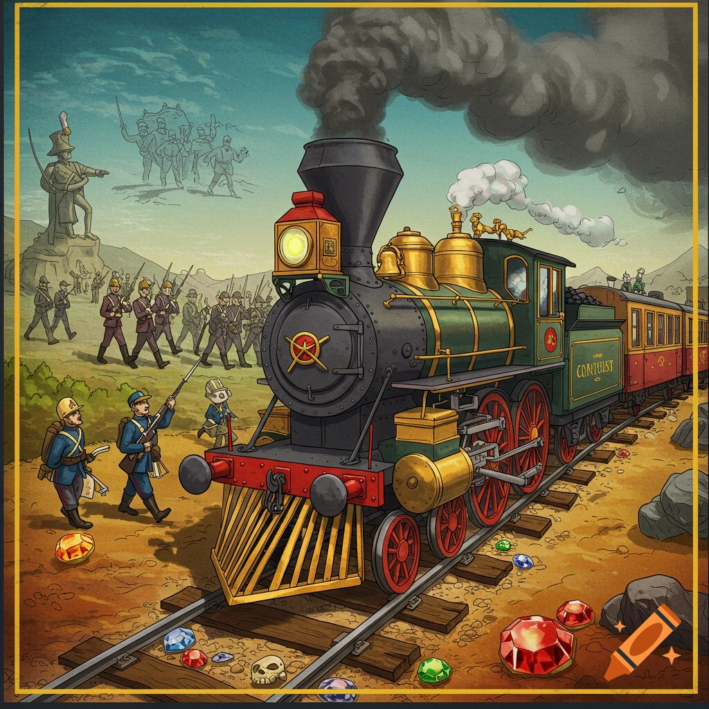 Illustration of an old steam train named 'Conquest' passing soldiers, treasure, and a statue in a field.