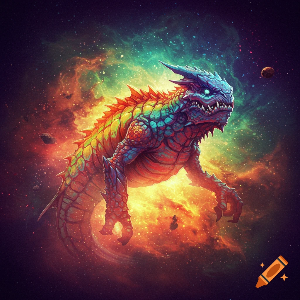 A colorful, reptilian creature floats in space amidst vibrant nebulae and scattered asteroids.