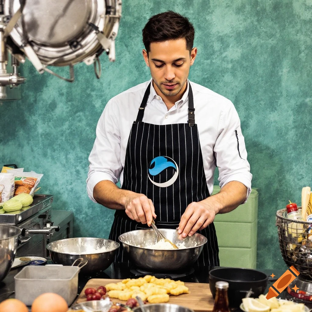 A man in a chef's apron whisks ingredients in a bowl in a kitchen.