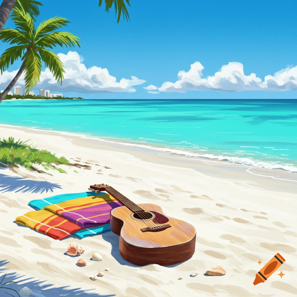 A guitar and colorful towels lie on a sunny white sand beach with turquoise water and palm trees.
