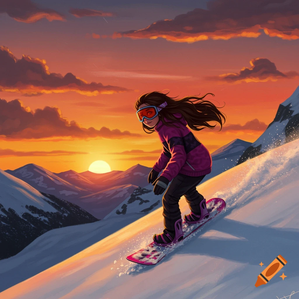A girl snowboarding down a mountain slope at sunset.