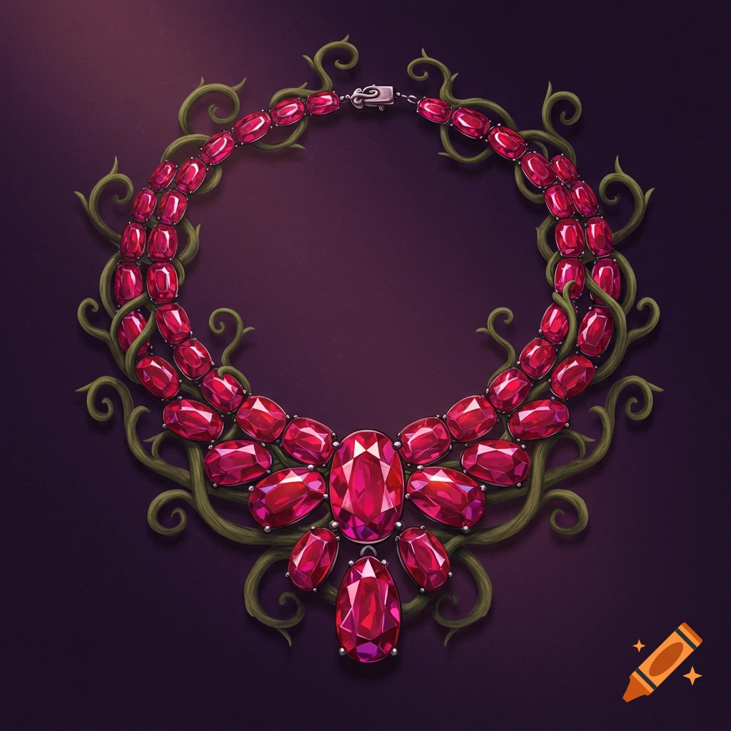 A ruby necklace entwined with dark green vines against a purple background.