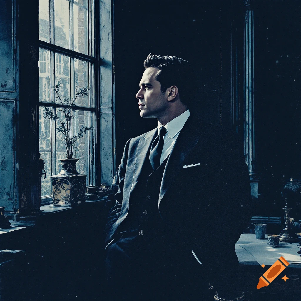 Man in a dark suit stands by a window in a moody room, looking out.
