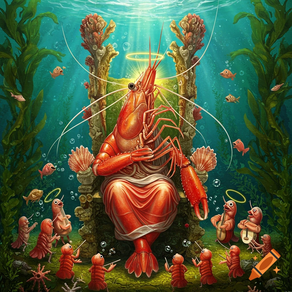 A giant shrimp on a throne surrounded by smaller shrimp musicians underwater.