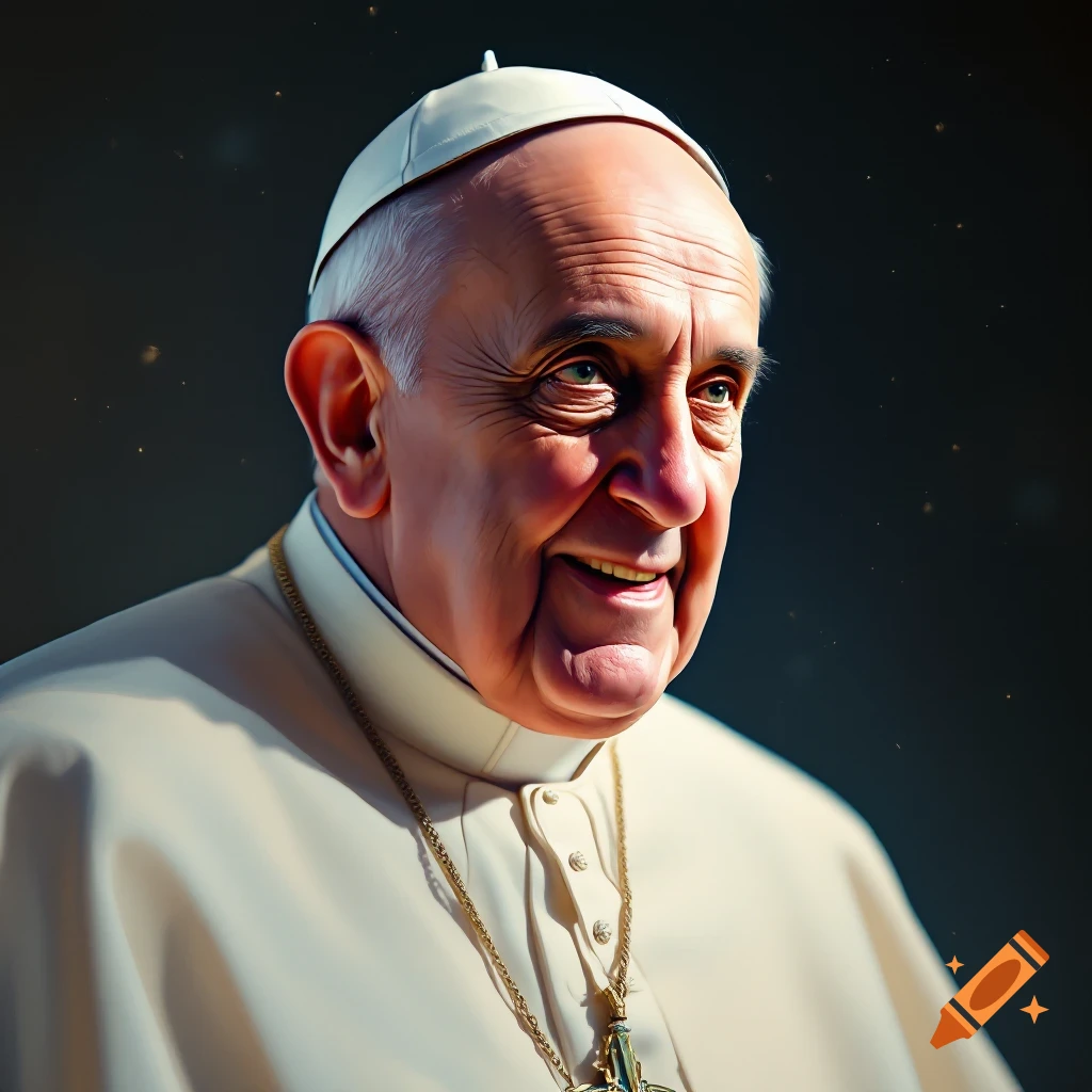A close-up photorealistic portrait of Pope Francis smiling.