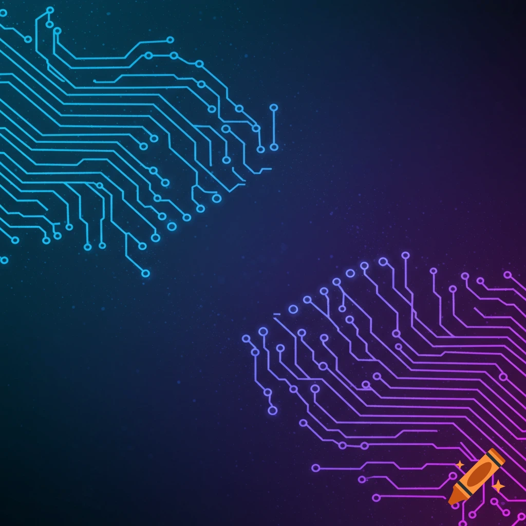 Stylized circuit board patterns in blue and purple on a dark background.