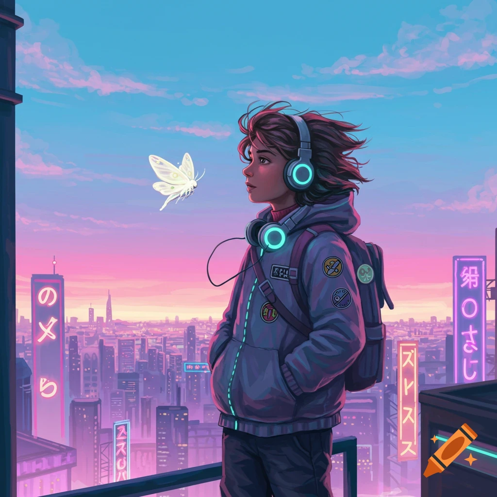 A person with headphones and backpack looking at a glowing moth on a city rooftop at twilight.