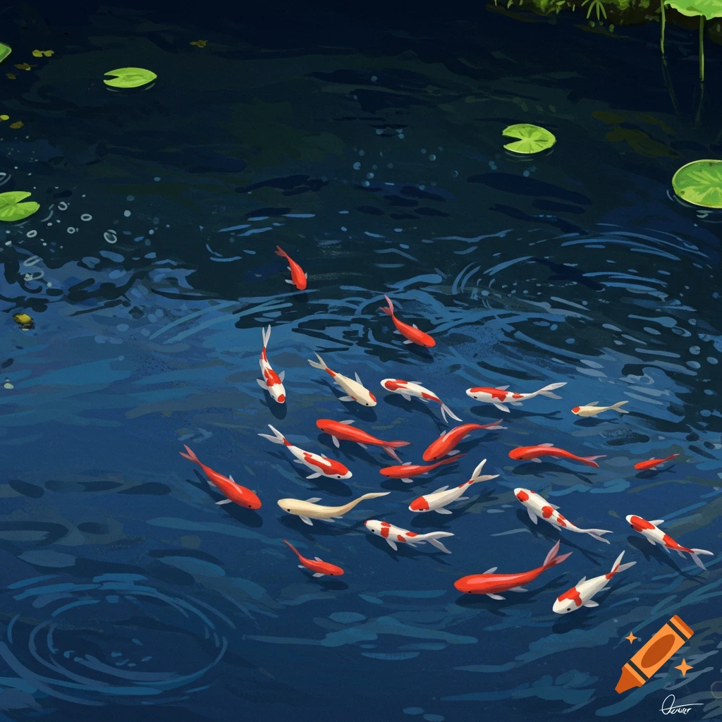 Orange and white koi fish swim in a dark blue pond with lily pads.