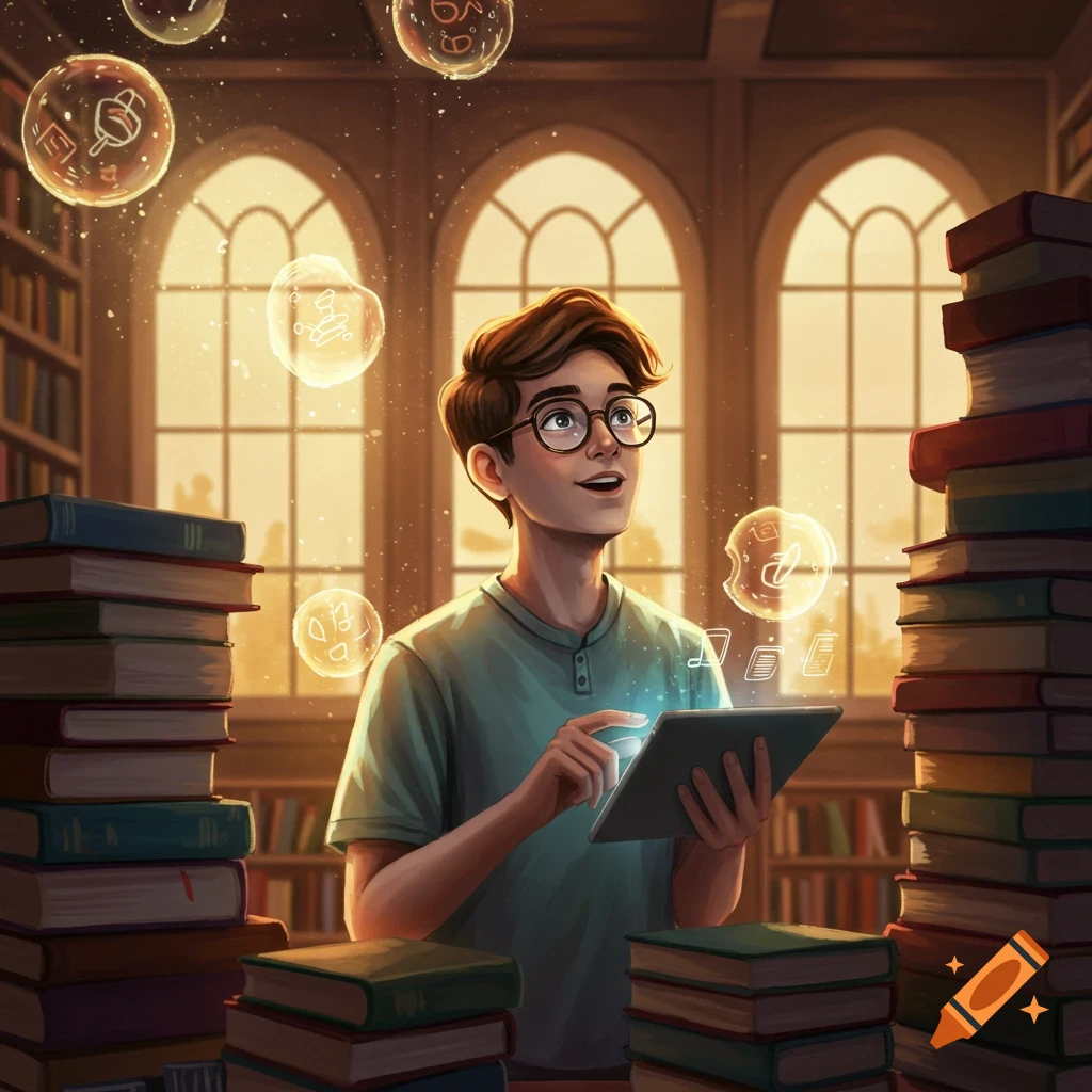 A young student in a library looks up at floating bubbles with symbols, holding a tablet, surrounded by stacks of books.