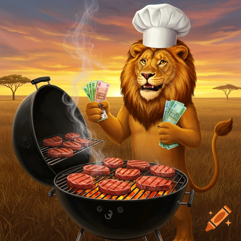 A lion in a chef's hat grills steaks on a BBQ while holding money.