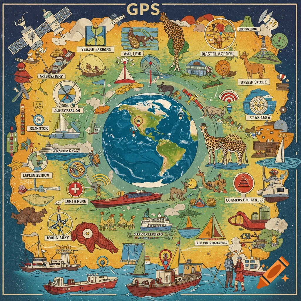 Vintage map style showing Earth surrounded by illustrations of GPS uses: satellites, boats, planes, animals, and landmarks.