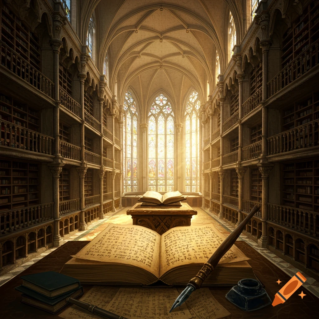 A grand library hall with arched ceilings and tall bookshelves, sunlight streams through stained glass windows onto open books and writing tools on a table.
