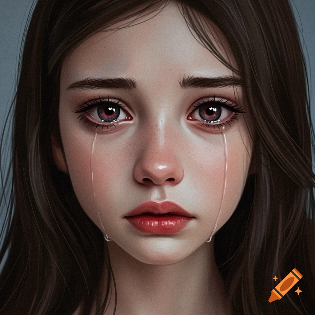 Close-up of a young girl crying with tears rolling down her cheeks.
