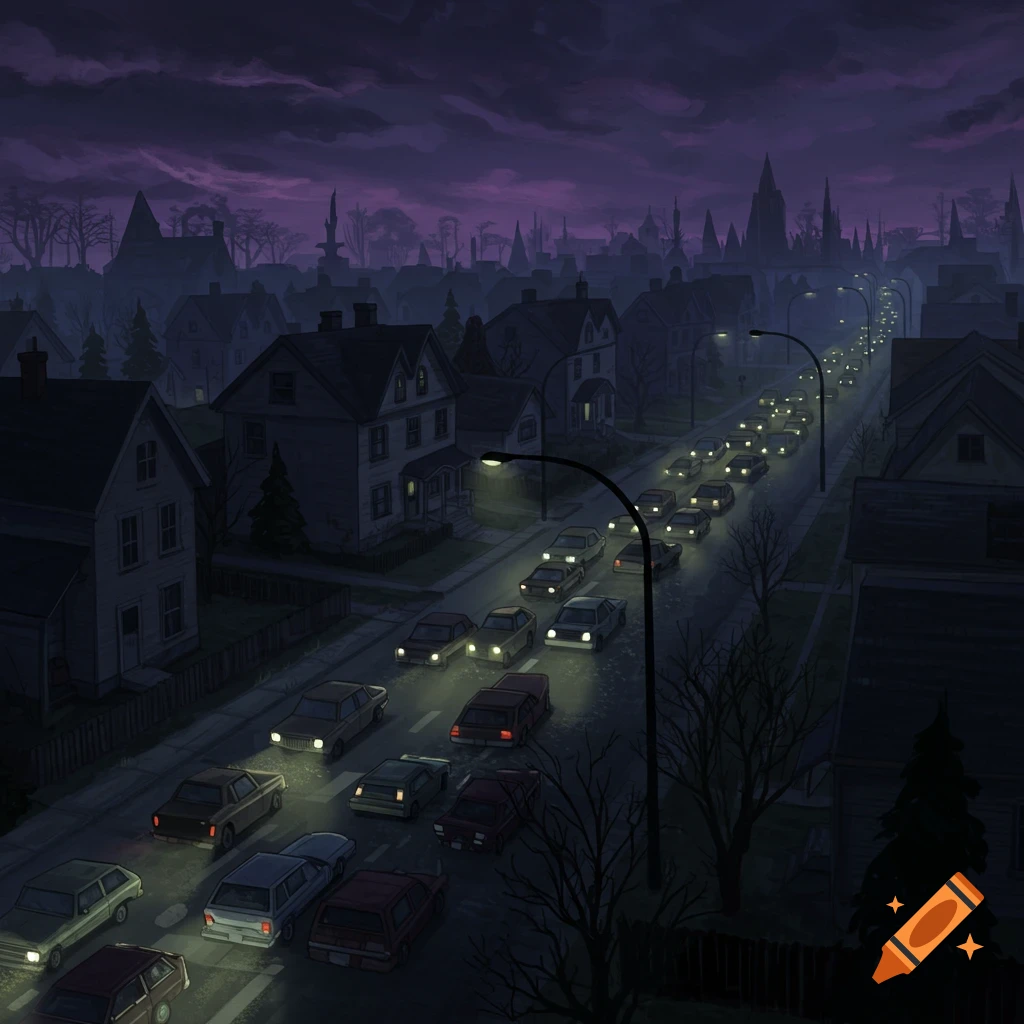A dark suburban street at night with a traffic jam and houses under a purple sky.