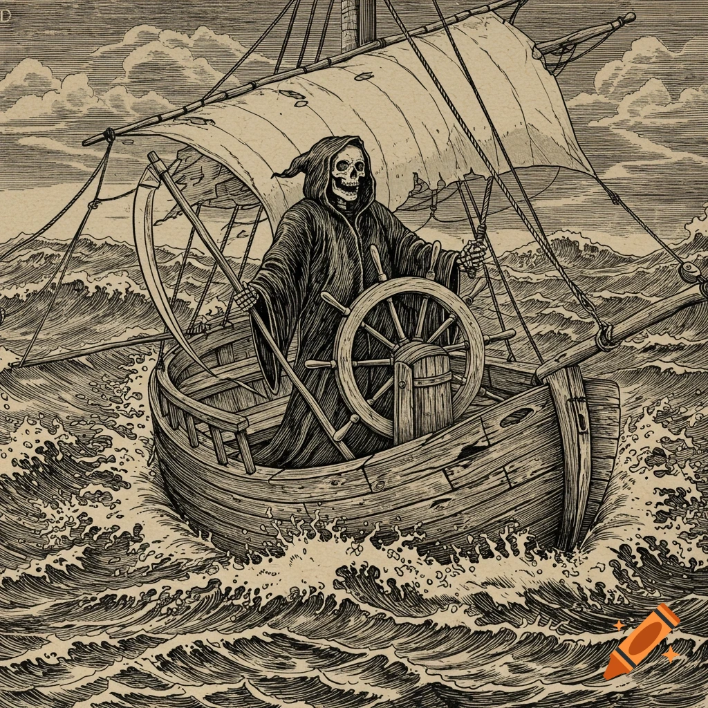 Grim Reaper steering a sailboat during a storm, engraving style