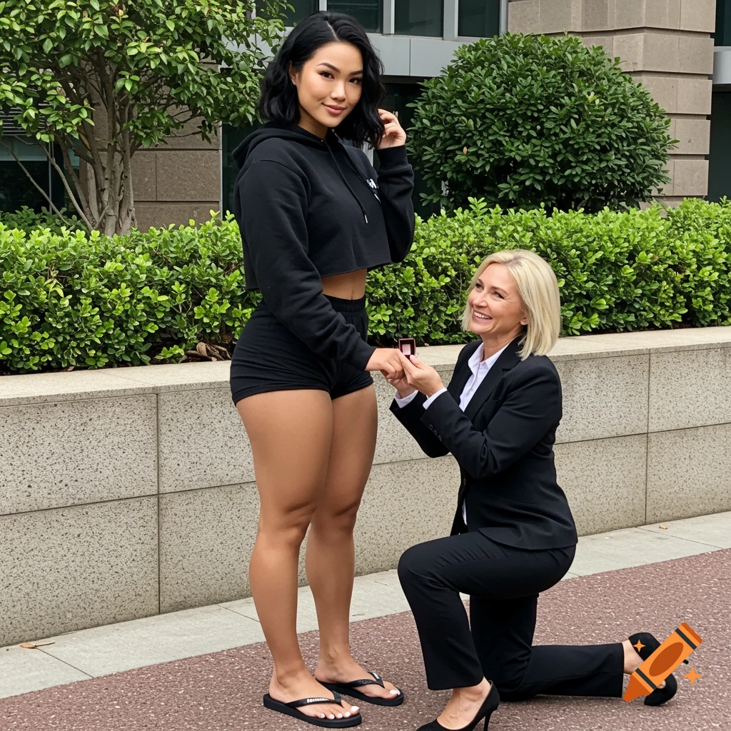 A blonde woman on one knee proposes to a taller woman in a black cropped hoodie and shorts in an outdoor setting.