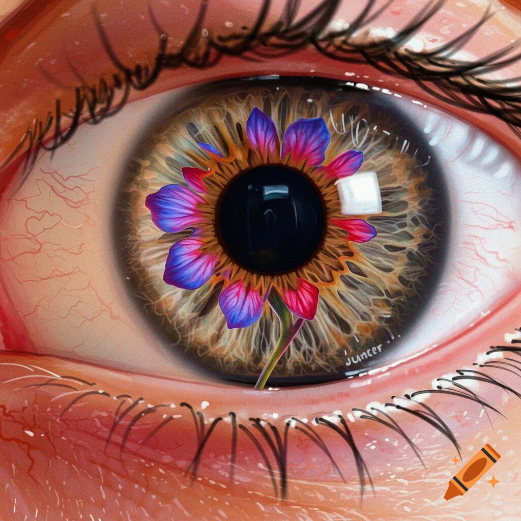 A colorful flower growing inside a human eye