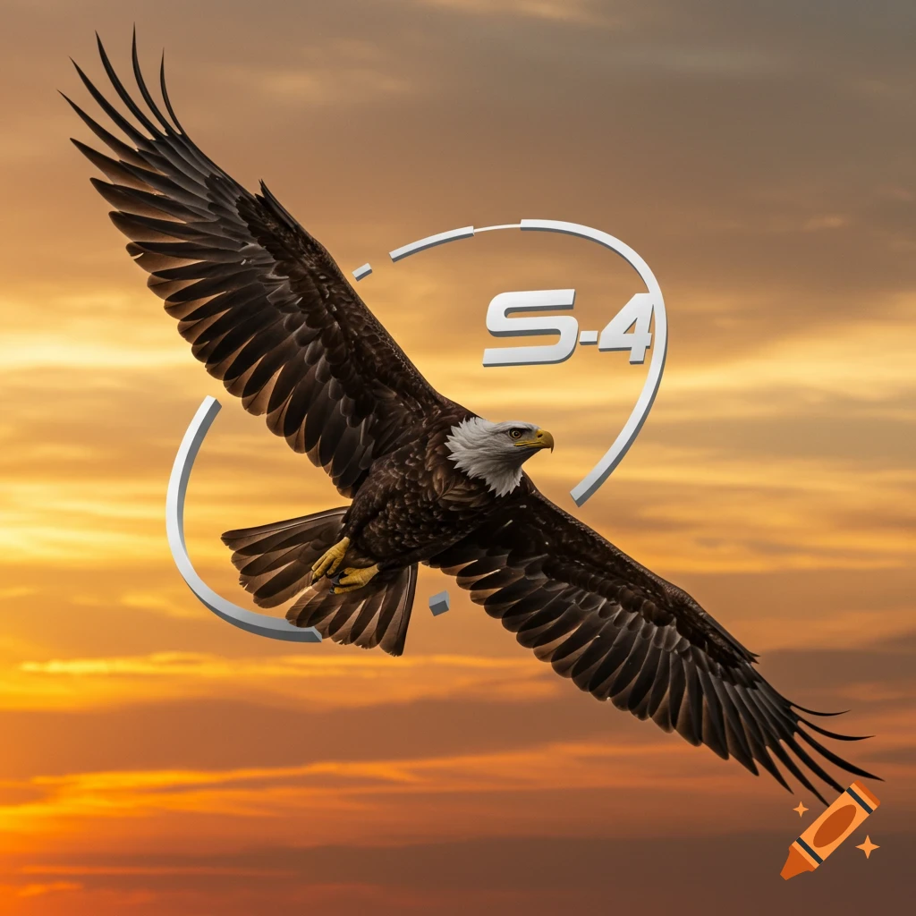 An eagle flies through a sunset sky with a grey S-4 logo around it.