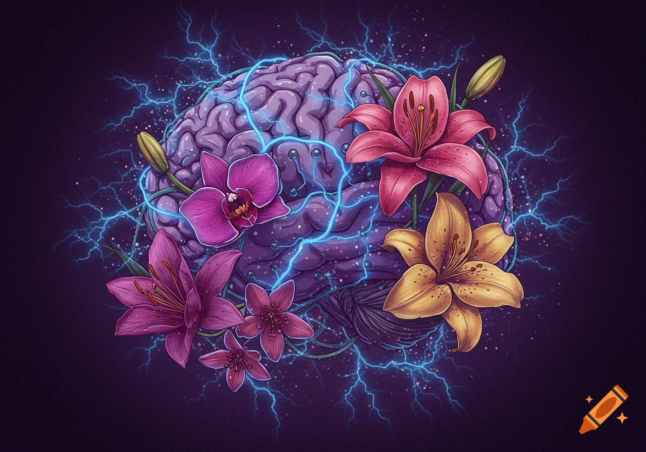 A purple brain surrounded by pink, yellow, and purple flowers and blue lightning.
