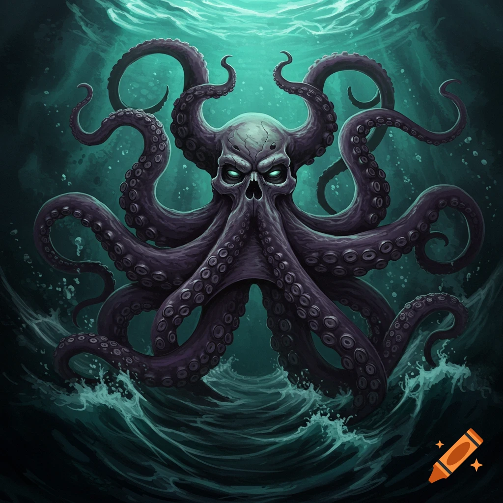 A skull-headed octopus with glowing green eyes emerges from dark, turbulent water.