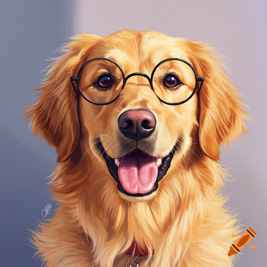A golden retriever wearing glasses