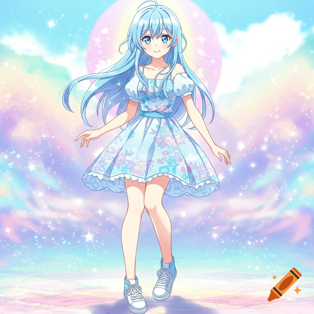 An anime girl with light blue hair wearing a floral dress, standing in a bright, colorful, sparkly landscape.