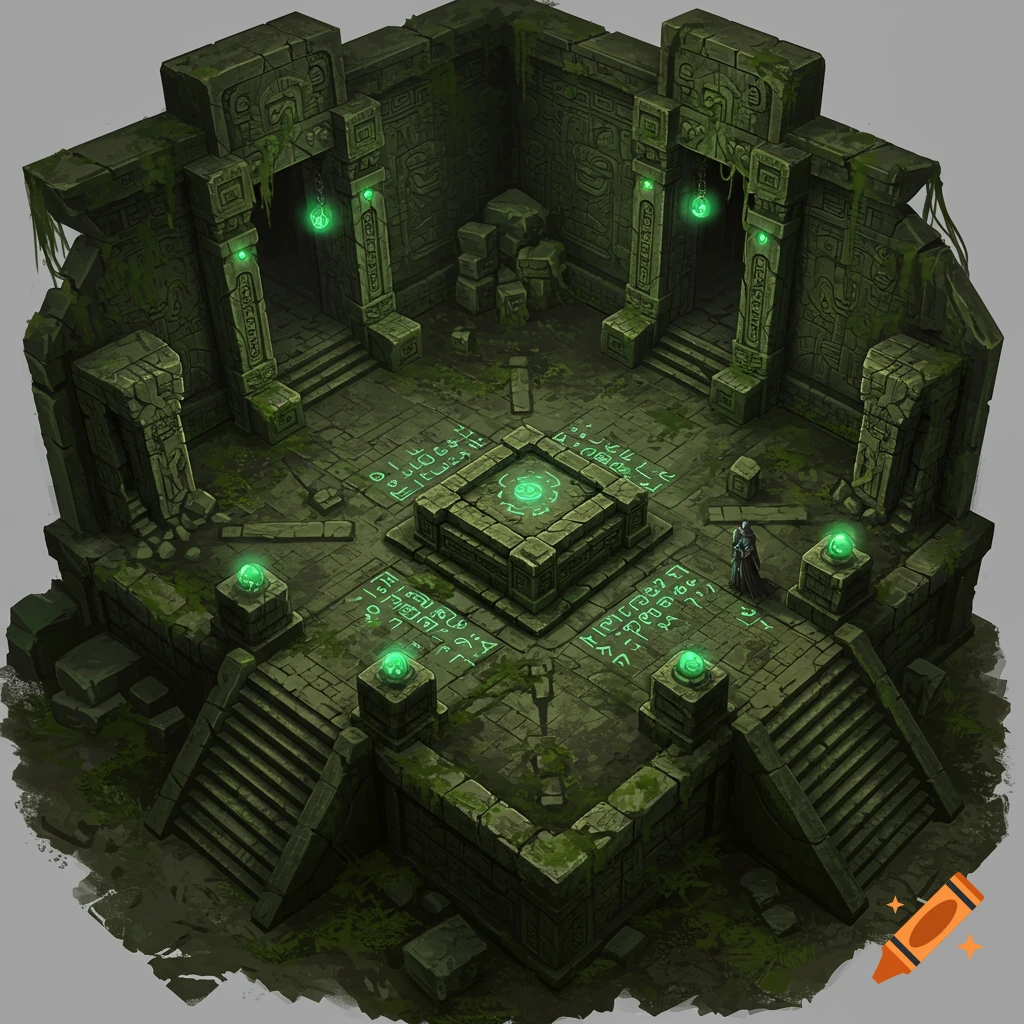 Isometric view of a mossy ancient stone temple ruin with glowing green orbs and mystical symbols on the floor.
