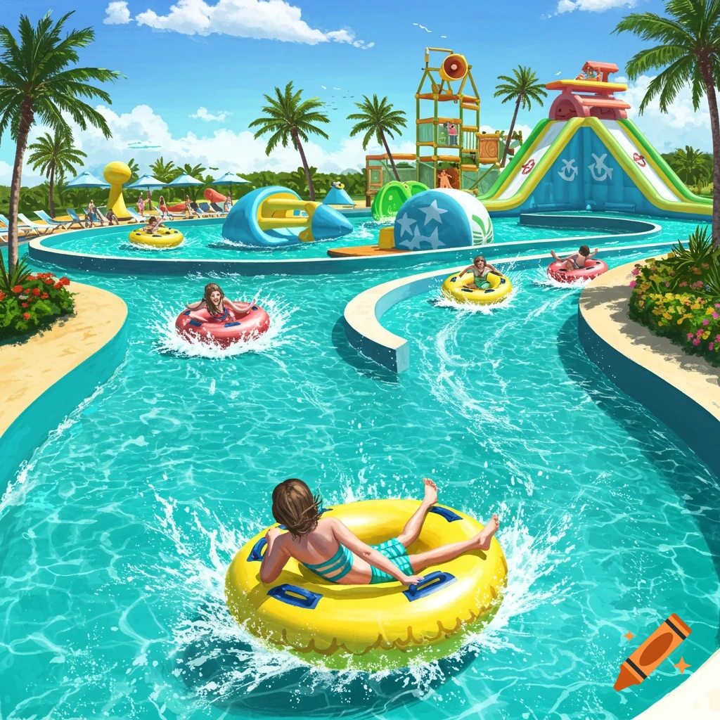 A water park with people on tubes in a river, water slides, and palm trees.