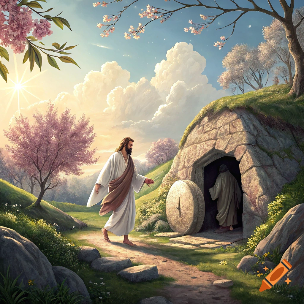 Jesus walks away from an open tomb on a grassy hillside on a sunny spring morning. Illustration style.
