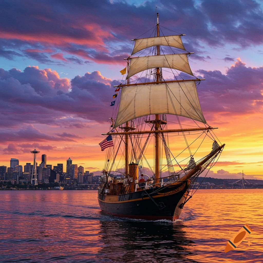 A tall ship sails towards the Seattle skyline at sunset.