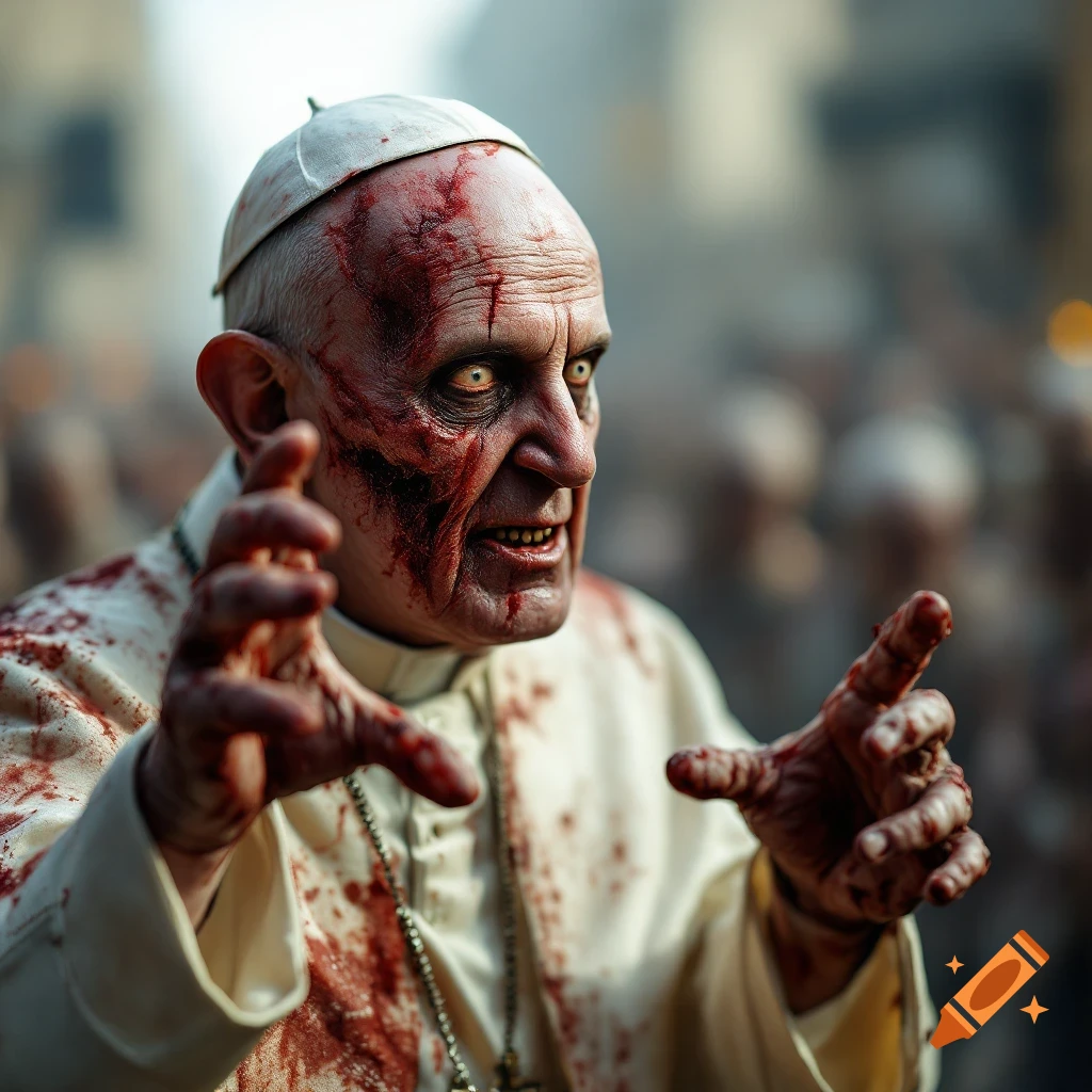 A photorealistic close-up of a zombie-like figure resembling Pope Francis, covered in blood, with hands outstretched.