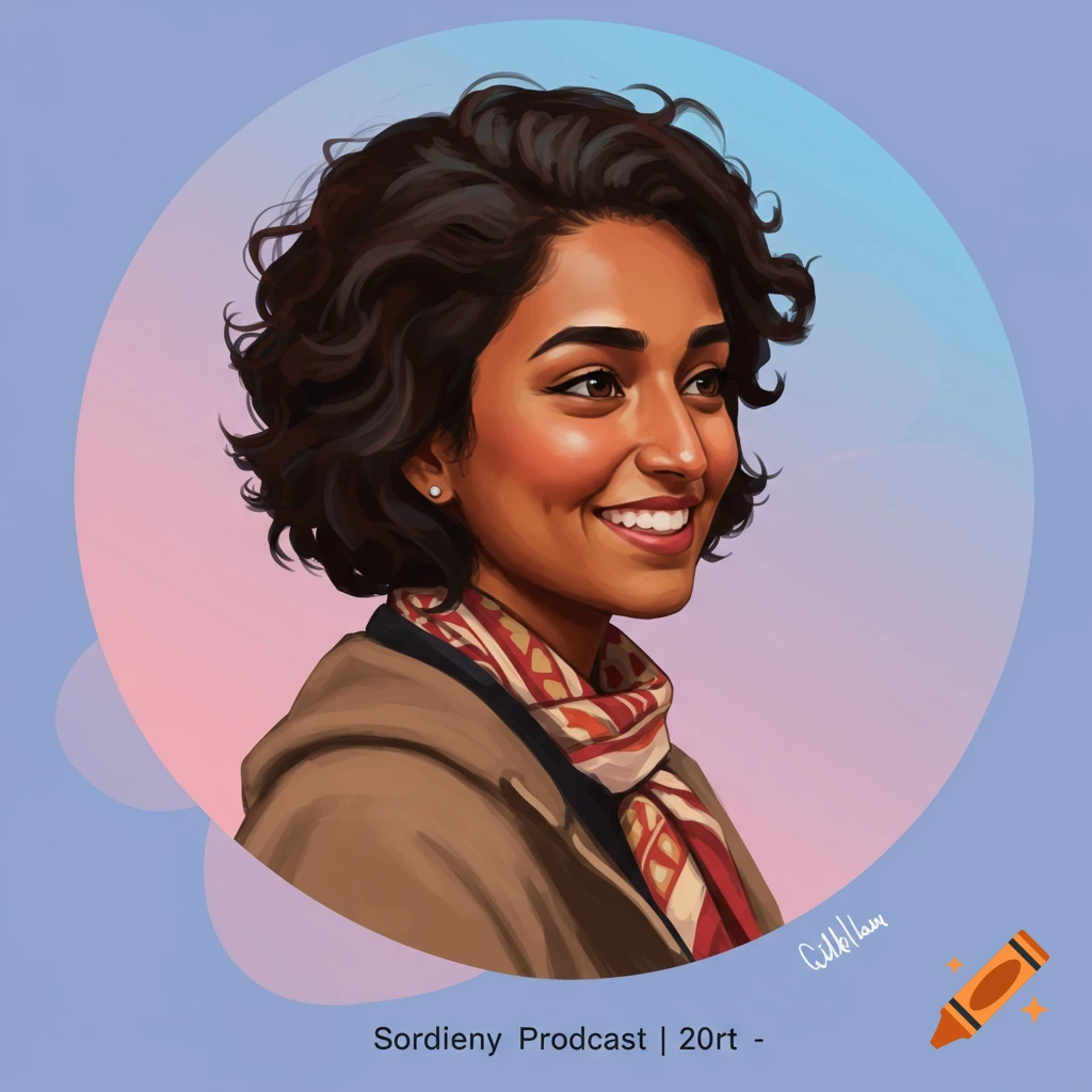 Portrait of a smiling woman with short curly hair, wearing a scarf, against a gradient background.