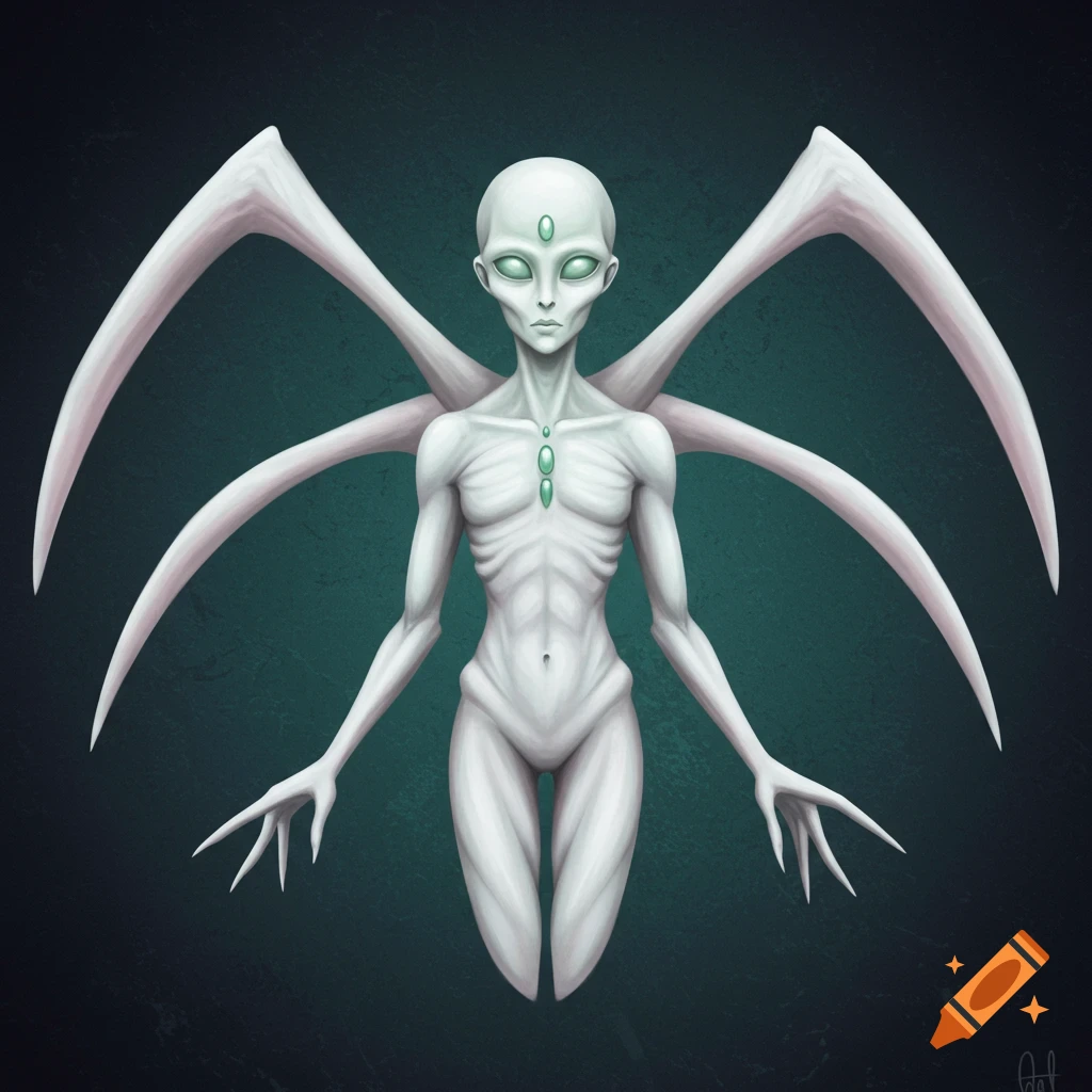 A tall, pale alien with large arc-shaped wings and three green gems on its chest.