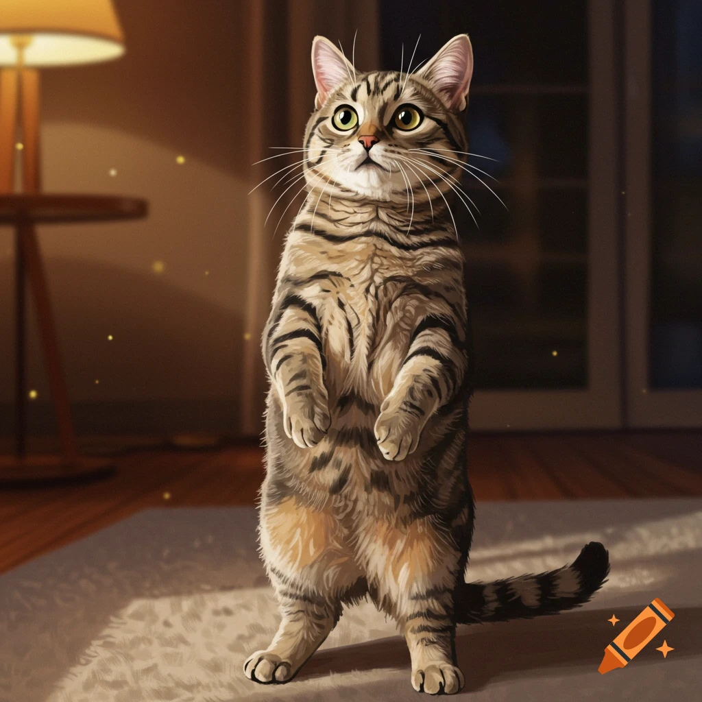 A tabby cat stands upright on a rug in a room with warm light.