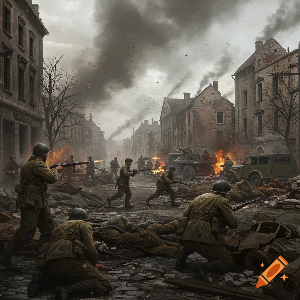 Soldiers fight in a destroyed city street during World War 2.