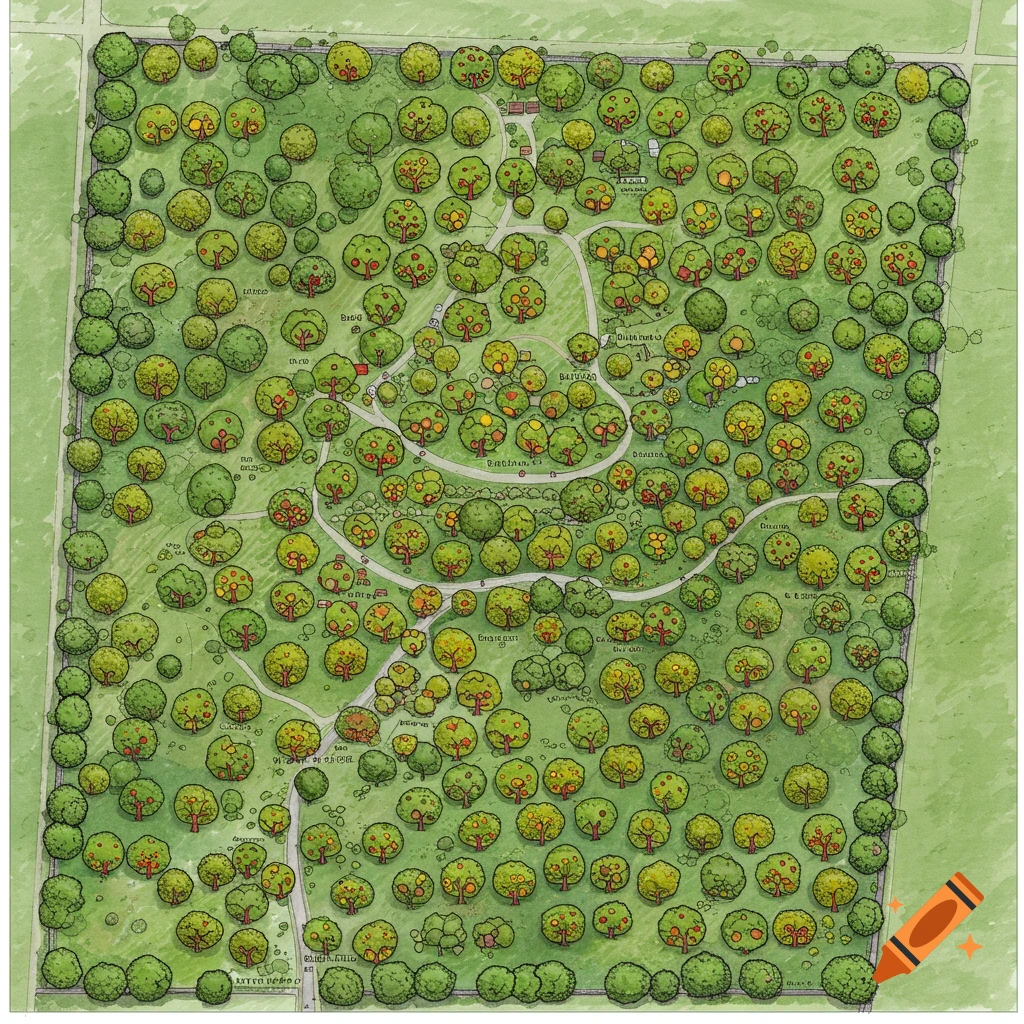 Birds-eye view landscape architecture drawing of an orchard plan with paths and various fruit trees.